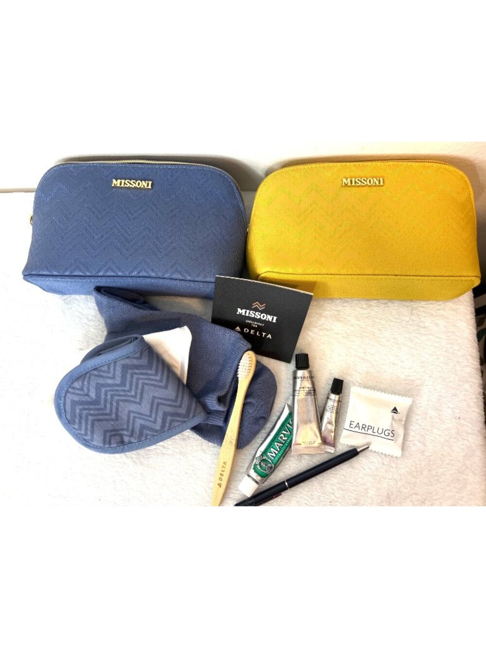 Missoni Delta One Amenity Kits bundle 2 Blue and Yellow Lot One w/Accessories